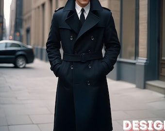 Gabardina de lana negra para hombre: abrigo de invierno de doble botonadura y corte entallado