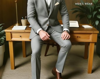 Sage Green Tweed Suit: Men's Slim Fit 3 Piece Wedding Groom Suit