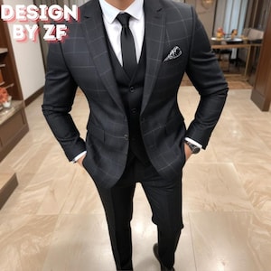 Men's Black Plaid Tweed Suit: Slim Fit 3-Piece Wedding Suit image 1