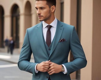 May include: A teal three-piece suit with a white shirt and a dark burgundy tie. The suit has a pocket square and the man is wearing a watch.