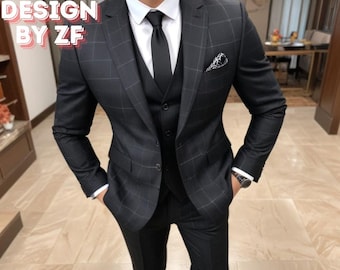 Abito da uomo in tweed scozzese nero: abito da sposo slim fit a 3 pezzi