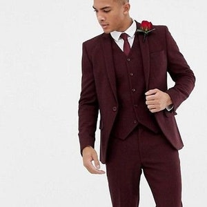 Men Suits Burgundy Wool Mix 3 Piece Slim Fit Elegant Formal Fashion ...