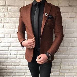 Men Suits Brown 2 Piece Wool Mix Slim Fit Elegant Formal Fashion Suits ...