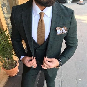 Men Suits Green Plaid and Tweed 3 Piece Slim Fit Elegant Formal Fashion ...