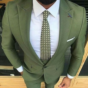 Men Suits Green 3 Piece Patterned Slim Fit Elegant Formal Fashion Suits ...