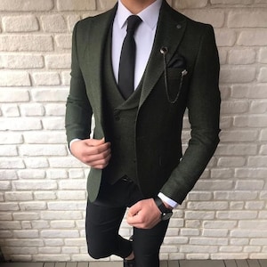 Men Suits 3 Piece , Green Wool Mix Suits Men, Slim Fit Suits, One ...