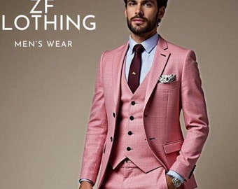 Abito da uomo in lino rosa a 3 pezzi: completo da sposo per matrimonio estivo - Italia Abito da uomo in lino rosa a 3 pezzi: completo da sposo per matrimonio estivo - Italia