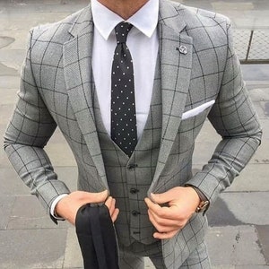 Men Suits Grey Plaid and Tweed 3 Piece Slim Fit Elegant Formal - Etsy