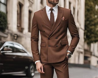 ブラウンのダブルブレストスーツ：メンズスリムフィットウェディング