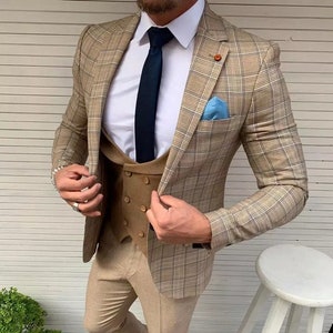 Luxury Men Suits Ivory Plaid 3 Piece Slim Fit Elegant Formal - Etsy