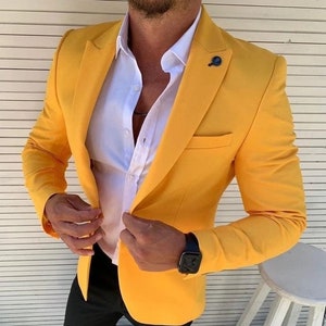 Men Suits Yellow 2 Piece Slim Fit Elegant Formal Fashion Suits Groom ...