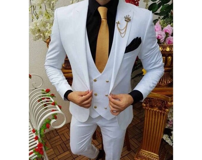 Men Suits White 3 Piece Formal Fashion Slim Fit Wedding Suit Party Wear ...