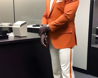 Traje cruzado de rayas naranjas: traje de novio de corte entallado