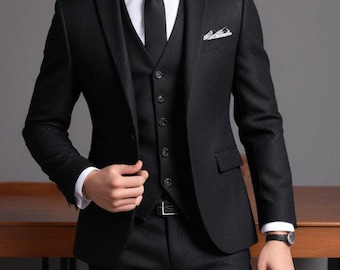 Men's Black Wool Tweed Suit: Slim Fit 3 Piece Wedding Groom Attire