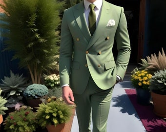 メンズ プレミアム ダークグリーン 2 ピース ダブルブレスト スーツ