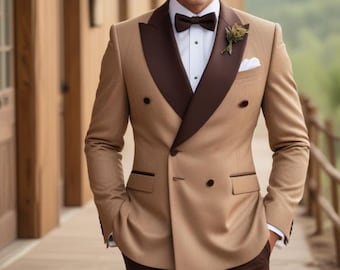 ブラウンのダブルブレストスーツ：メンズスリムフィットウェディング
