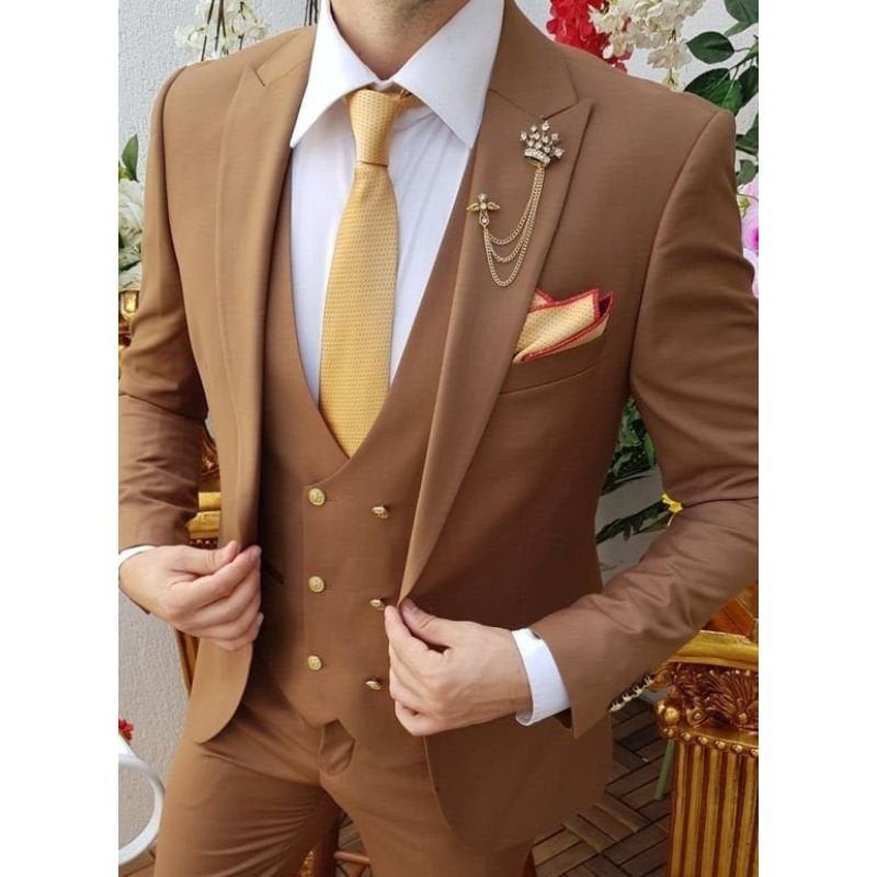 Men Suits Brown 3 Piece Slim Fit Elegant Suit Golden Button Etsy UK