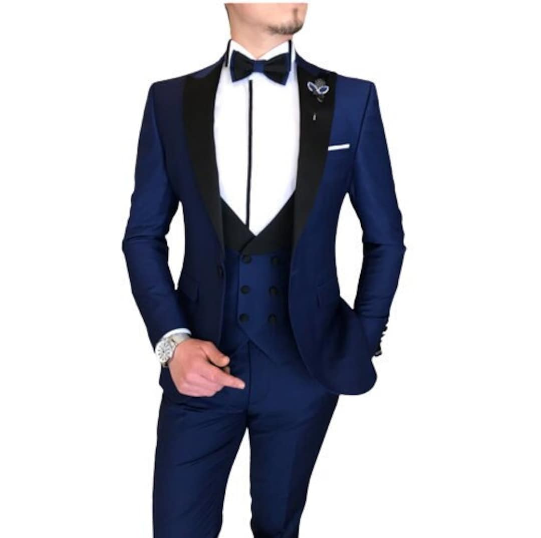 Men Suits 3 Piece Designer Tuxedo Blue and Black Style Suits Wedding ...