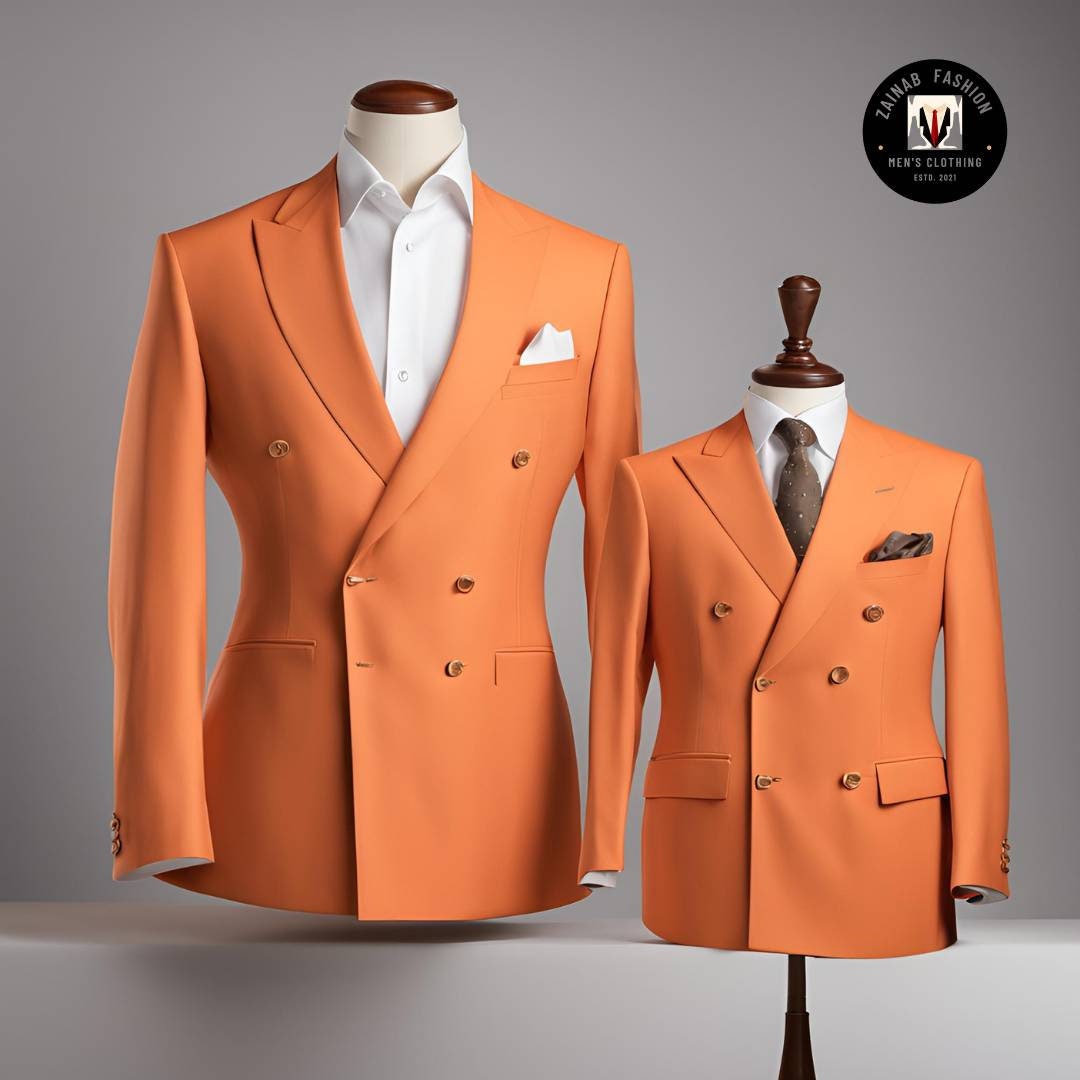 スーツ VINTAGE 80s Double breasted suit orange Mens Orange Suit: Regular Fit, Double Breasted Blazer Set