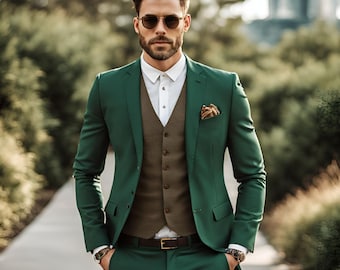 Emerald Green Men's Suit: Brown Vest, Slim Fit 3-piece Formal Suit
