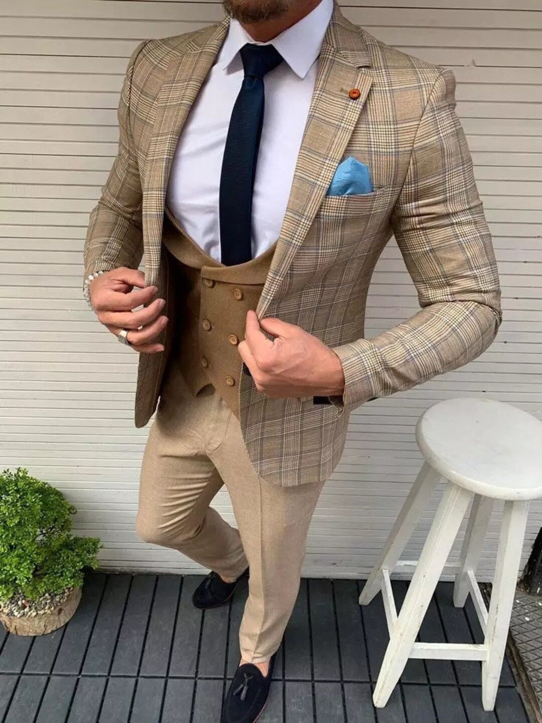 Luxury Men Suits Ivory Plaid 3 Piece Slim Fit Elegant Formal Etsy