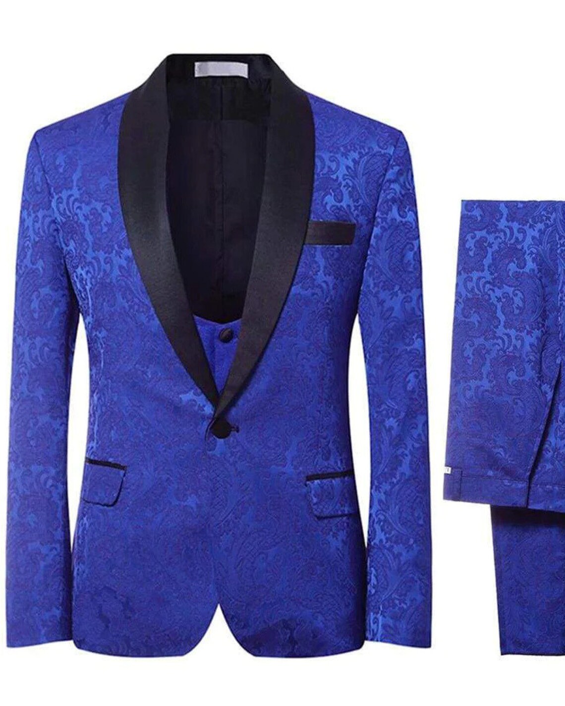 Designer Jacquard Tuxedo Men Suits 3 Piece Blue Floral Style Etsy