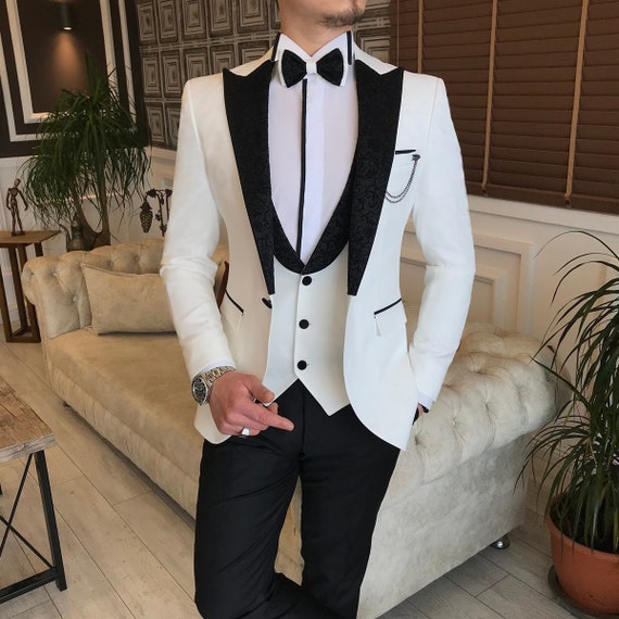 Men Suits 3 Piece Designer Tuxedo White and Black Floral Lapel - Etsy