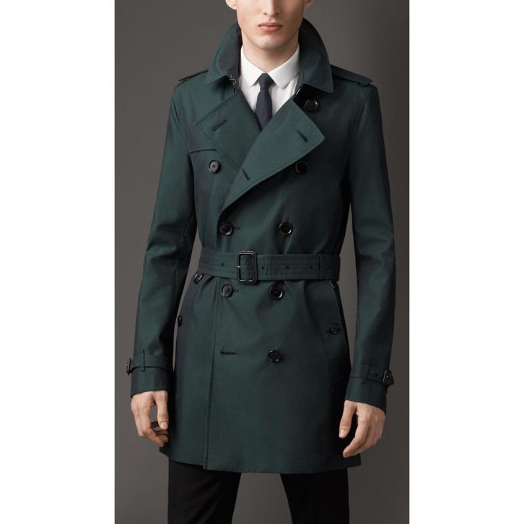 Men Trench Coat Green Belted Double Breasted Style Slim Fit Party Wear ...