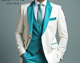 May include: A three-piece suit with a white jacket and teal accents. The jacket has a teal lapel and pocket trim, paired with a teal vest and trousers. The suit includes a white dress shirt and teal tie. The text "ZF CLOTHING MEN'S WEAR" is visible.