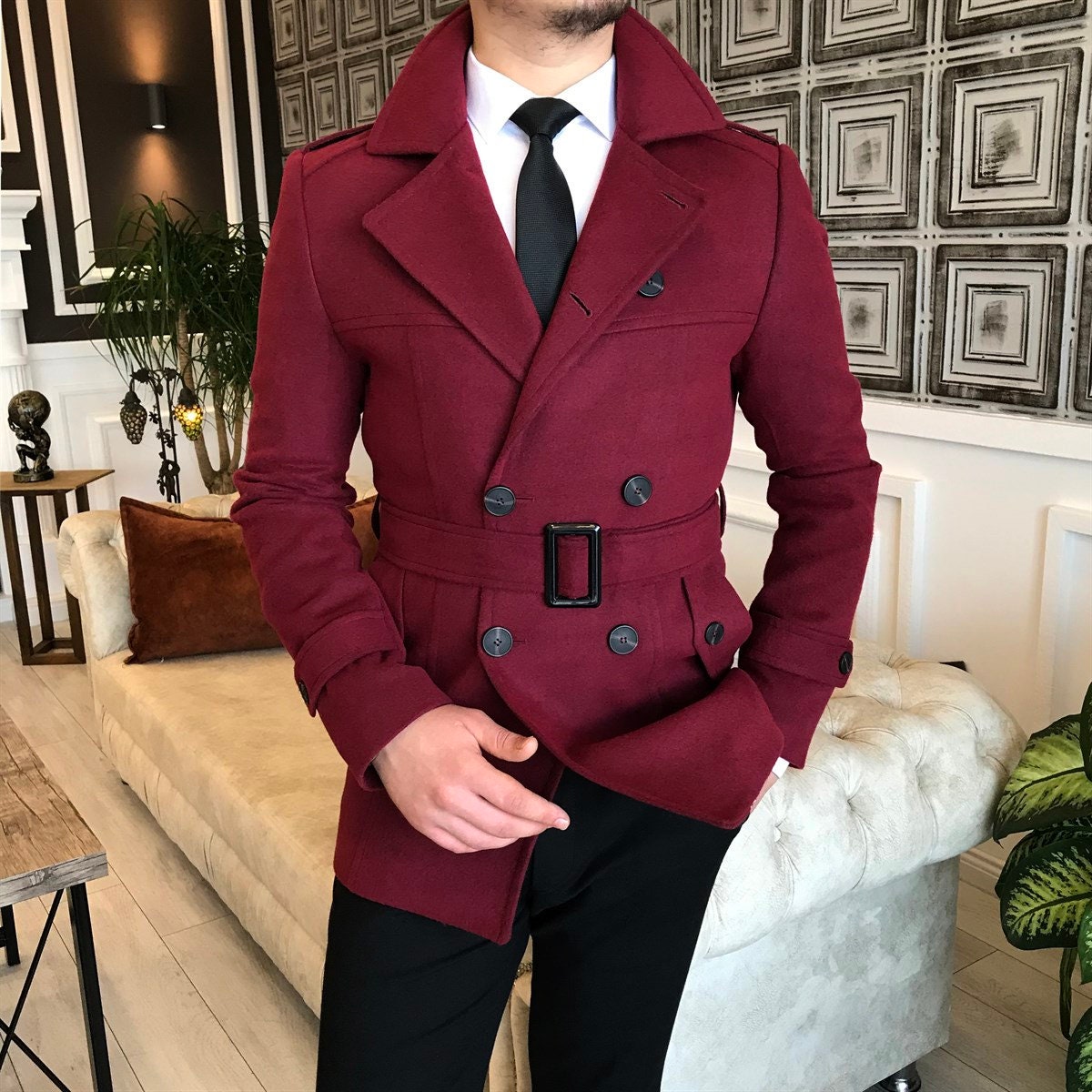 Men Trench Coat Burgundy Belted Double Breasted Style Slim Fit - Etsy