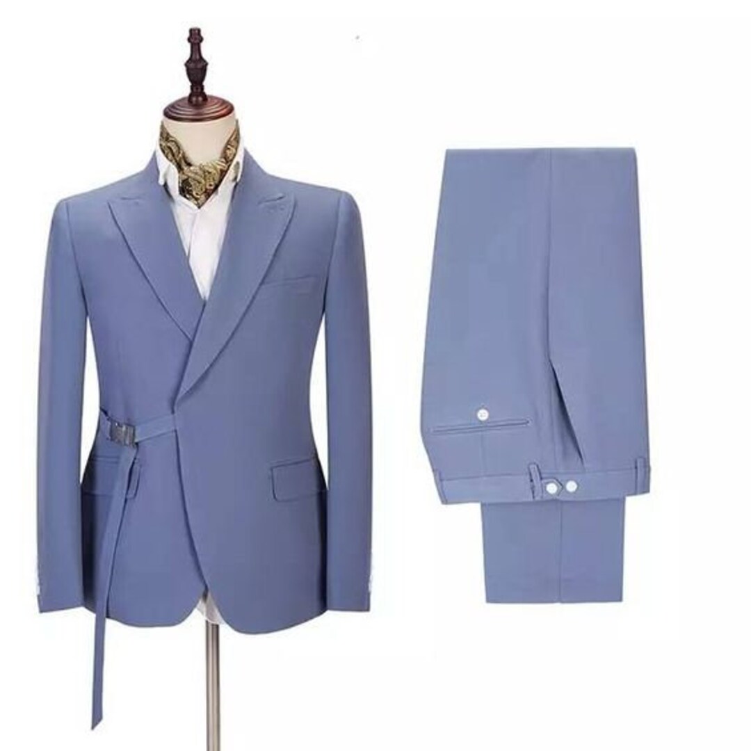 Men Suits Light Blue 2 Piece Belted Slim Fit Elegant Formal Etsy
