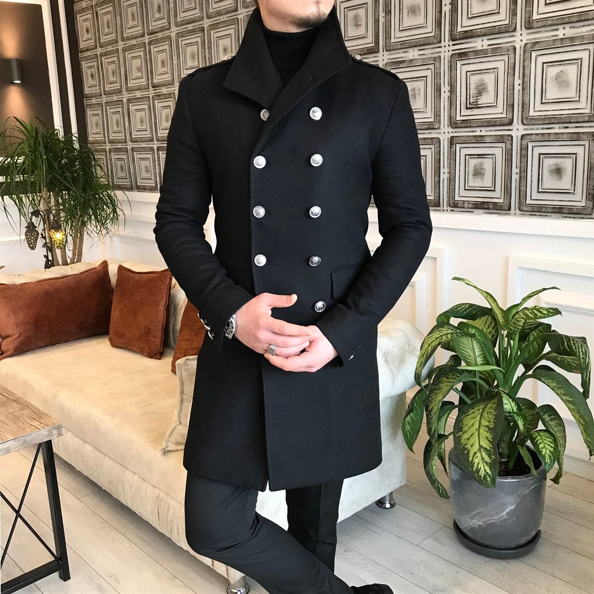 TheDesignStudioArt Mens Jacket Trench Long Coat Casual Fashion Double Breast Coat Luxury Black Velvet Long Overcoat Long Jackets