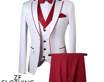 May include: A white suit with a red vest and red bow tie. The suit has a white lapel with a red trim. The suit is a three-piece suit with a jacket, vest, and pants. The pants are red.