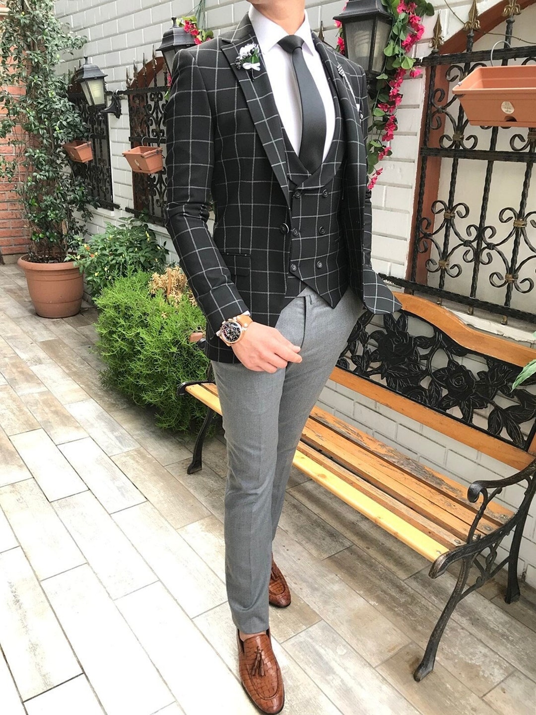 Luxury Men Suits Black Check 3 Piece Slim Fit Elegant Formal Fashion