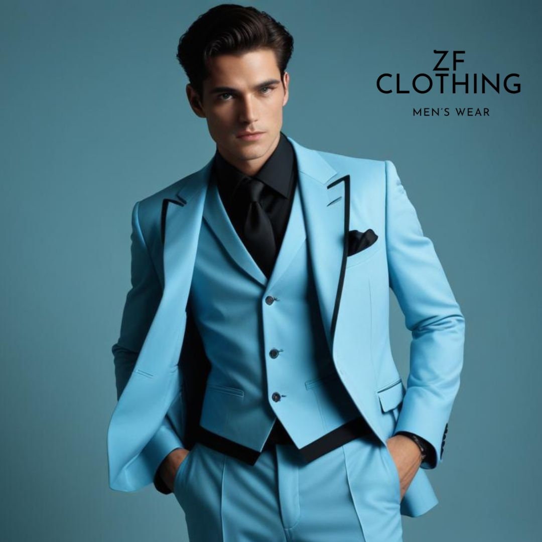 Sky Blue Piece Suit: Black Notch Lapel, Elegant Mens Attire