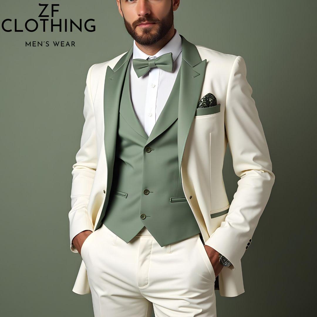 Men's Stylish Off White and Green 3 Piece Suits For Men - Formal Attire- Business Suits- Party Wear Jacket -Prom Suit- Bespoke For Men, ZF