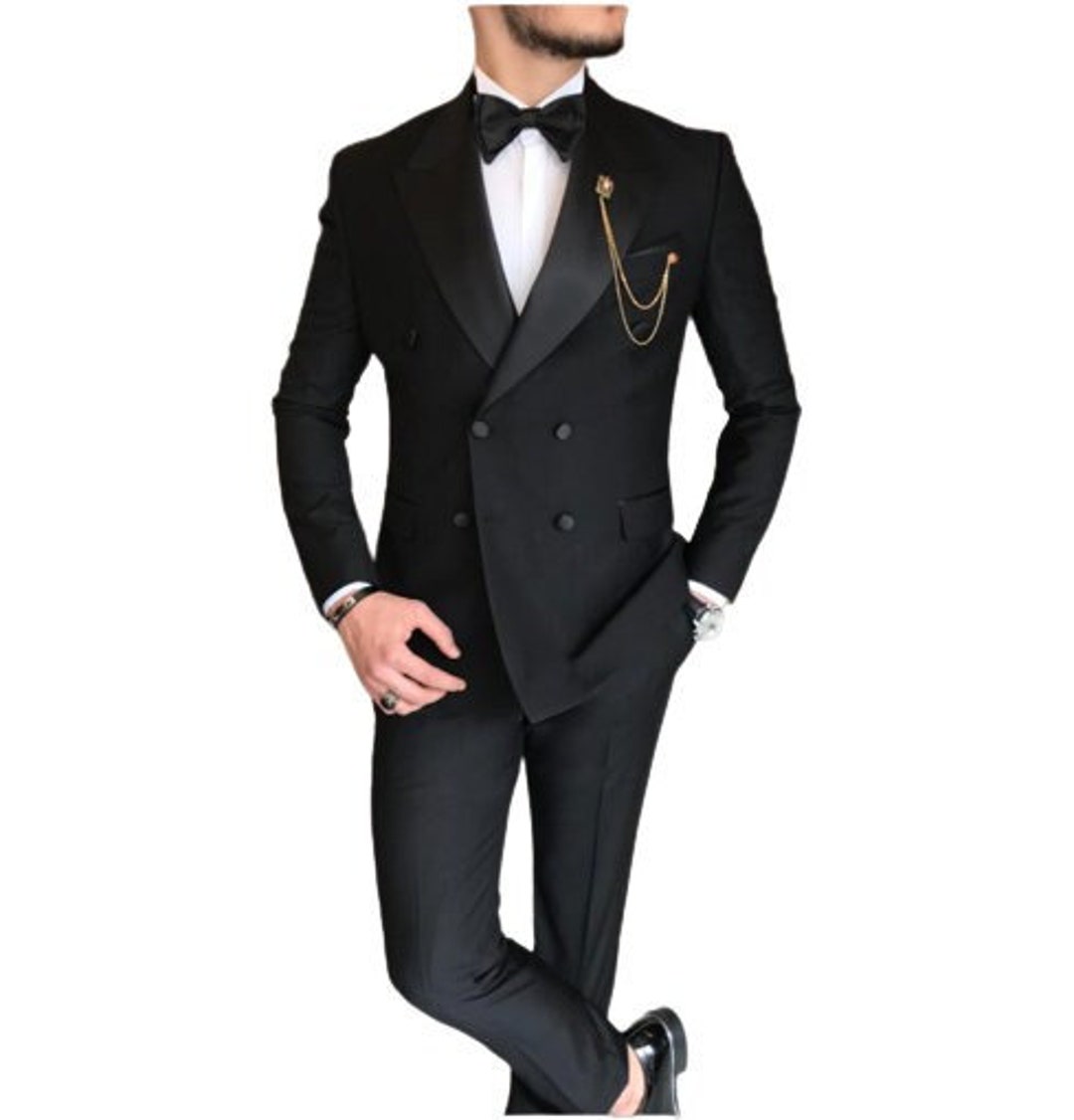 Men Suits Black Double Breasted Tuxedo 2 Piece Slim Fit Elegant Formal ...