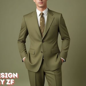 K&ouml;nnte beinhalten: Ein Mann in einem gr&uuml;nen Anzug mit wei&szlig;em Hemd und einer gemusterten gr&uuml;nen Krawatte. Der Anzug hat einen Knopfverschluss und einen Schalkragen.