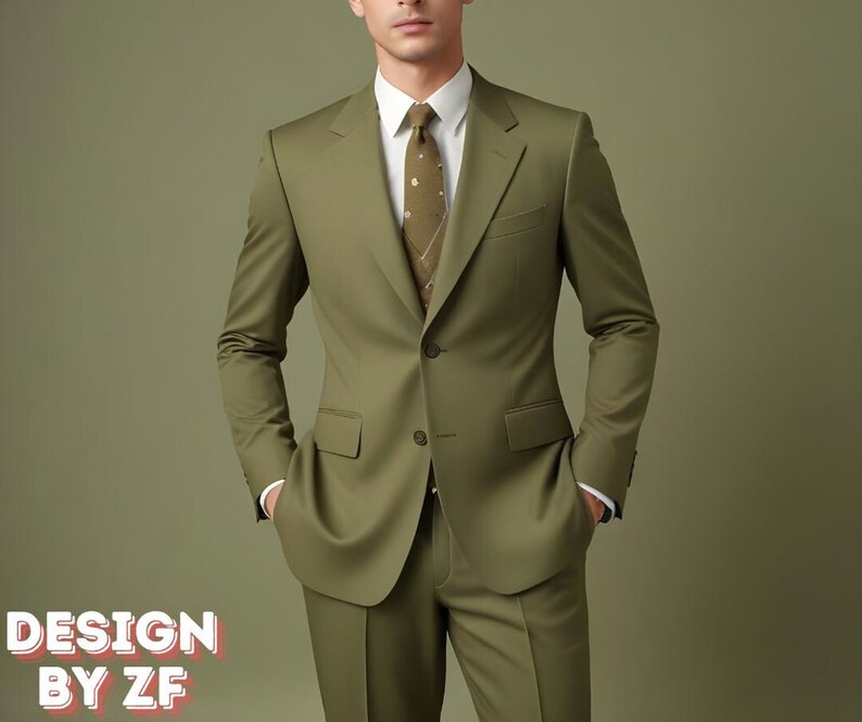 K&ouml;nnte beinhalten: Ein Mann in einem gr&uuml;nen Anzug mit wei&szlig;em Hemd und einer gemusterten gr&uuml;nen Krawatte. Der Anzug hat einen Knopfverschluss und einen Schalkragen.