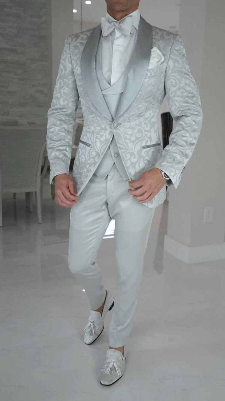 Luxury Designer Tuxedo Men Suits 3 Piece Grey Floral Stylish 