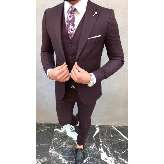 Burgundy 3 piece store slim fit suit