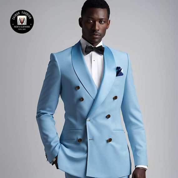 スーツ Double-breasted setup & shirt & tie Modern Stylish Sky Blue Double Breasted 2 Piece Suit for Men