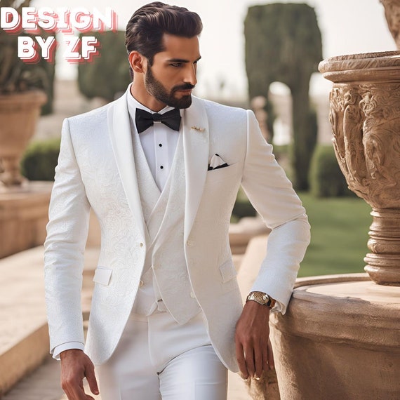 Men Suits Designer White Floral 3 Piece Suits Slim Fit Suit Elegant Formal Fashion Suits Groom Wedding Stylish Suit Bespoke for Men ZF