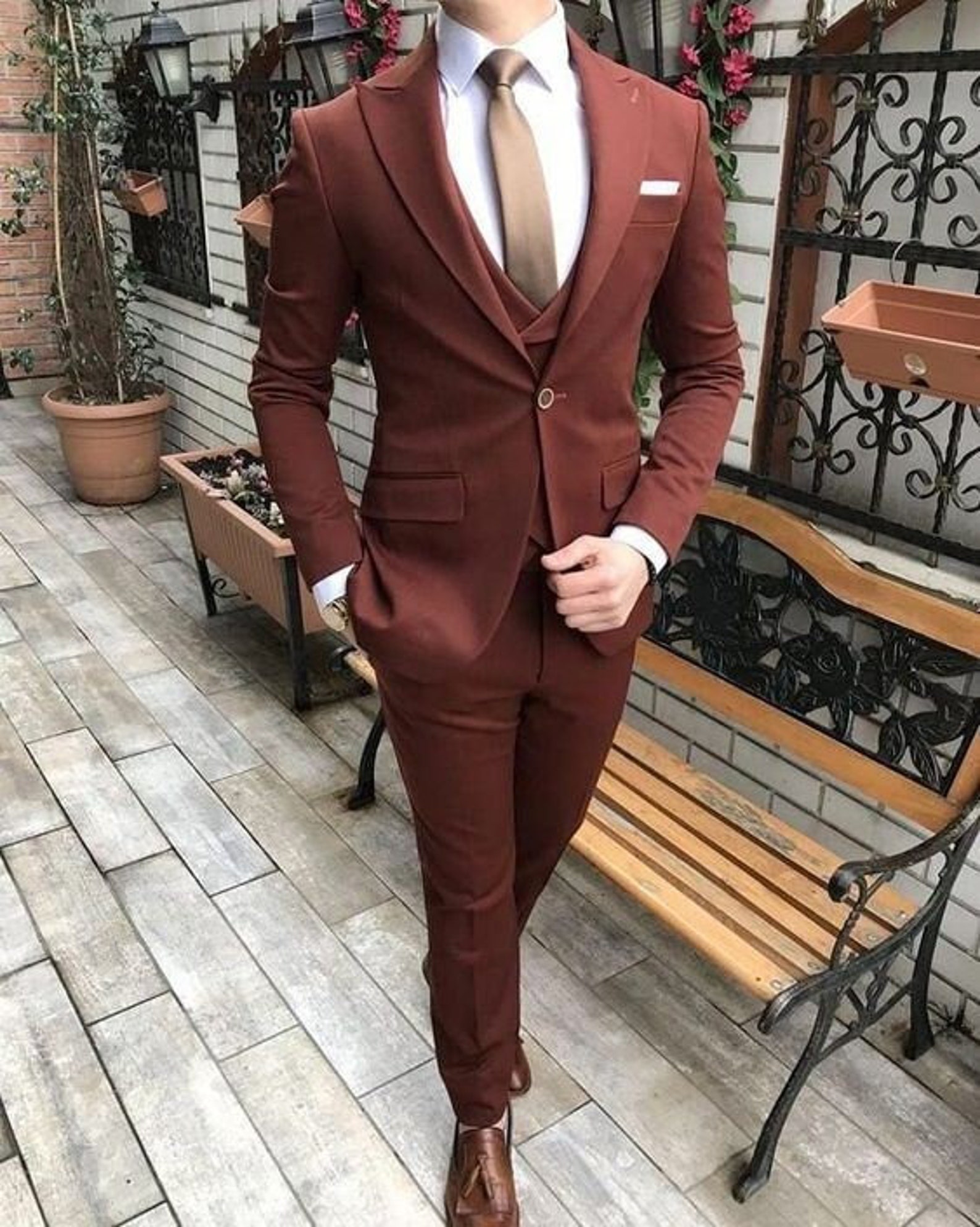 Men Suits Light Brown 3 Piece Slim Fit Elegant Suits Formal Etsy