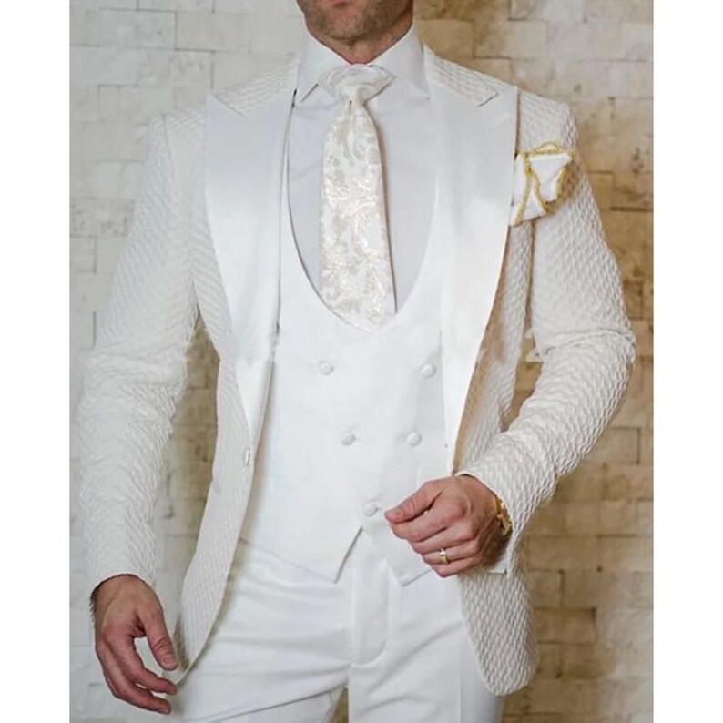 Luxury Designer Tuxedo Men Suits 3 Piece White Coin Patterned Etsy