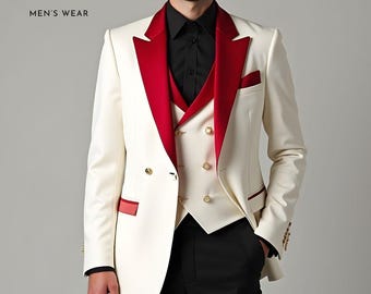 May include: Ivory suit with a red lapel and vest. The suit has gold buttons and a black shirt. The text "ZF CLOTHING MEN'S WEAR" is in the upper left corner.