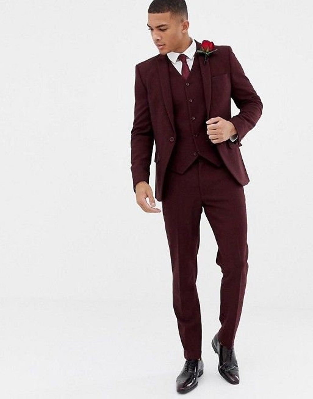 Men Suits Burgundy Wool Mix 3 Piece Slim Fit Elegant Formal Fashion ...