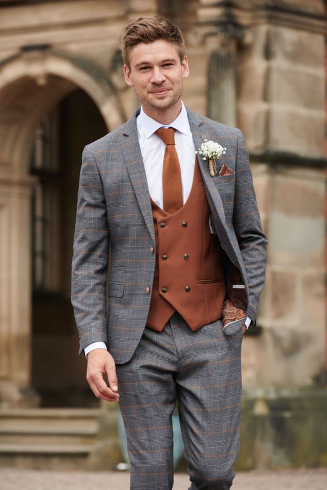 Men Suits Light Grey Plaid and Tweed 3 Piece Slim Fit Elegant