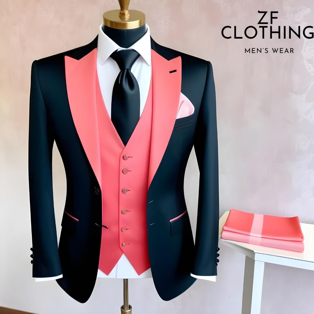 Men Suits Modern Stylish Black and Pink 3 Piece Suit for Men - Stylish ...