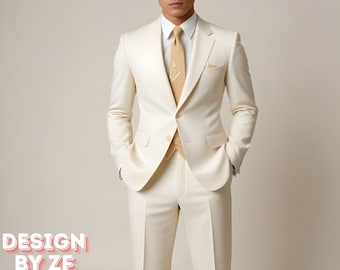 May include: A white suit with a cream-colored tie. The suit jacket has a single button closure and a pocket square. The tie has a subtle pattern.